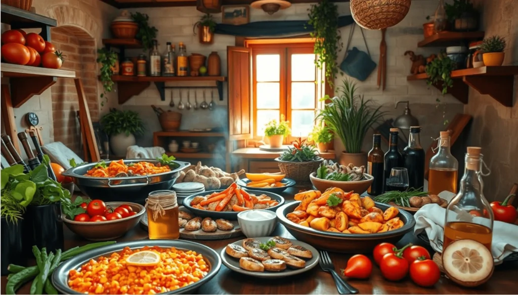 Países con mejor gastronomía. Una cocina rústica y luminosa con una mesa llena de platos caseros, que incluyen verduras asadas, papas doradas, ensalada de tomates frescos y varios condimentos. Al fondo, se observan estantes con utensilios y una ventana que deja entrar la luz del sol.