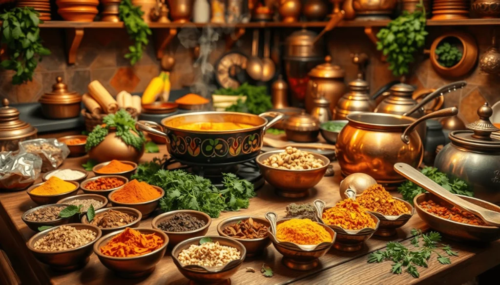 Una escena de cocina india vibrante que muestra una variedad de especias y hierbas en pequeños cuencos sobre una mesa de madera, con utensilios de cocina de cobre al fondo. En el centro, una olla humeante de curry rodeada de ingredientes coloridos y hierbas frescas.