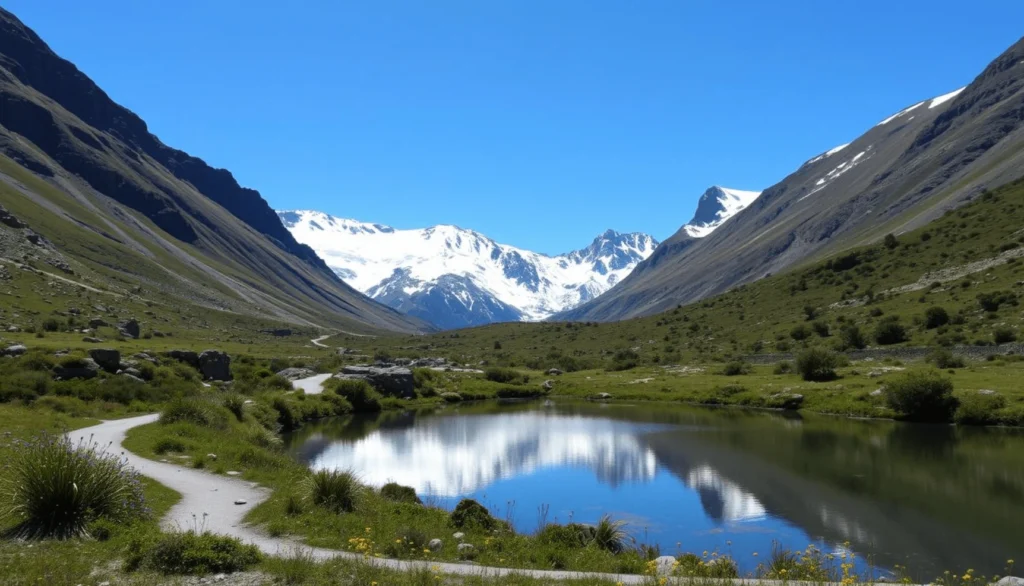 Un lago sereno rodeado de frondosos bosques y majestuosas montañas en Argentina, reflejando el cielo azul claro y las nubes blancas.