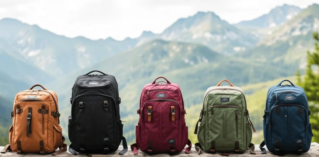 Una imagen que muestra una variedad de mochilas de viaje organizadas, destacando diferentes estilos, tamaños y colores para todo tipo de viajeros.