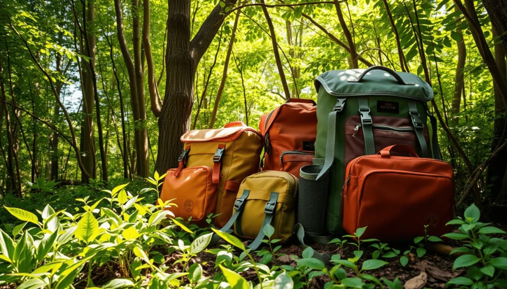 Mochilas de viaje en un paisaje natural, colocadas sobre una roca con un fondo de árboles y montañas, listas para la aventura.