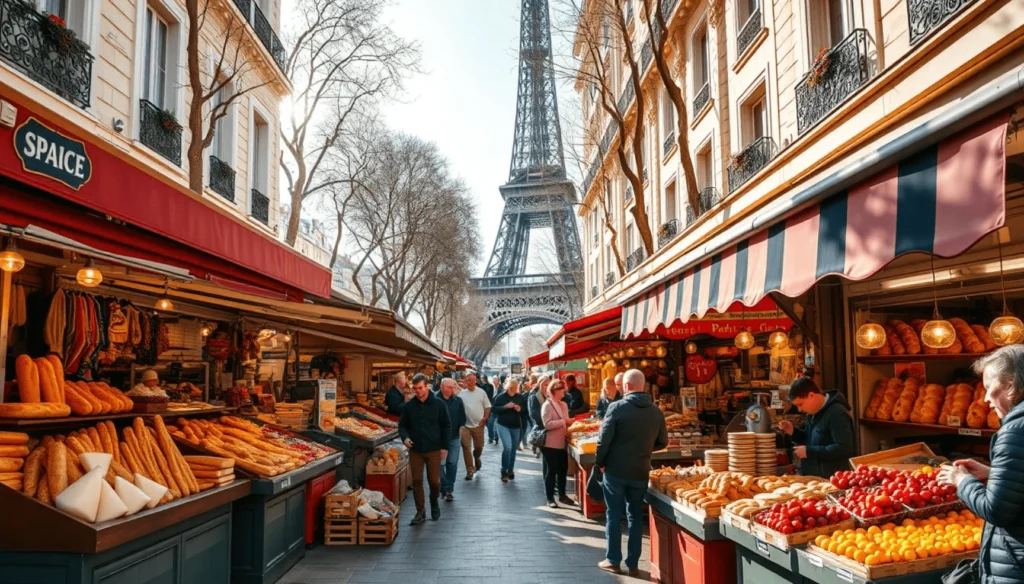 Un mercado parisino lleno de puestos de frutas frescas, quesos, baguettes y productos locales, representando qué comer en París.