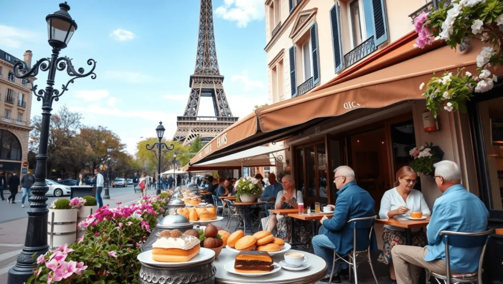 Un mercado parisino con puestos de quesos, baguettes, frutas frescas y flores, mostrando la riqueza gastronómica de París.