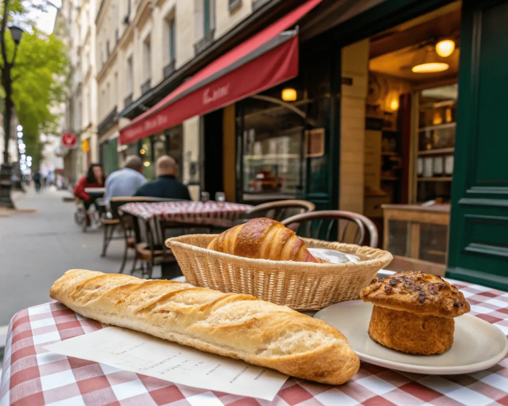 Una baguette crujiente y un croissant dorado colocados sobre una tabla de madera, simbolizando la tradición de la panadería francesa.