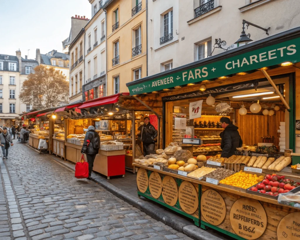 Una mesa con croissants, macarons y una baguette fresca, destacando opciones deliciosas sobre qué comer en París.