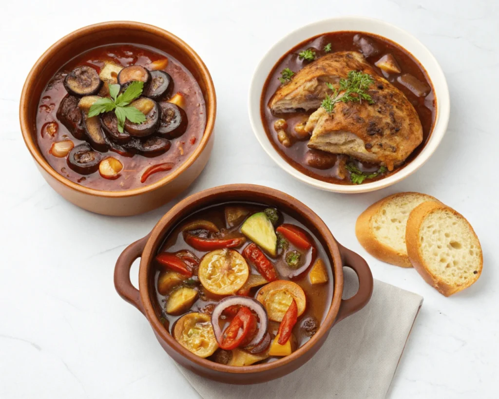 Un plato de ratatouille, soupe à l’oignon, coq au vin, acompañado de una baguette y un croissant, destacando los sabores clásicos de París.