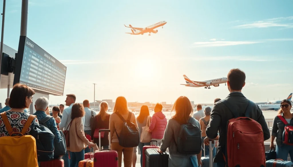 Viajar barato.Avión volando sobre un mapa con logotipos de buscadores como Skyscanner y Kayak, simbolizando consejos para vuelos low cost.