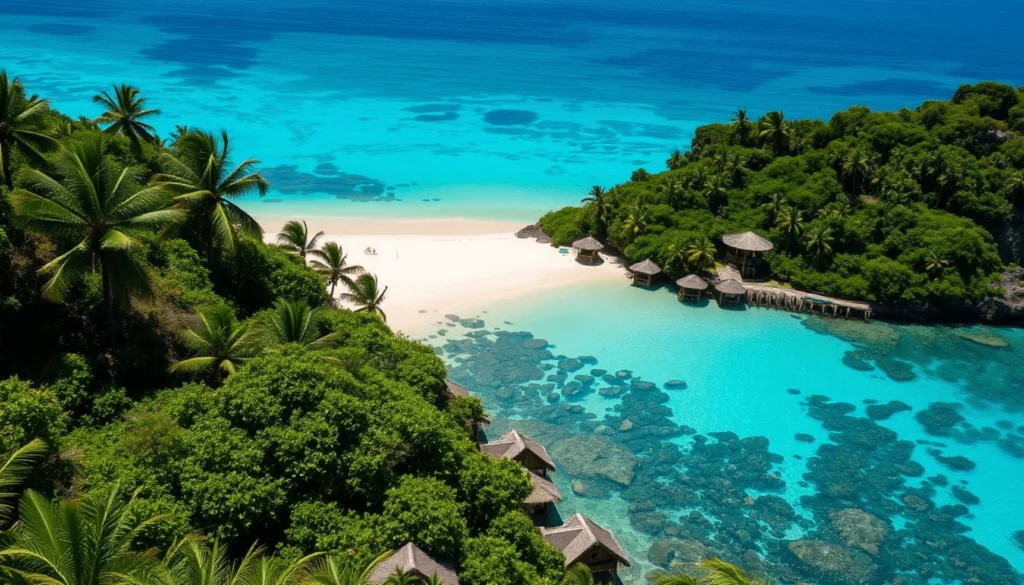 Amanecer en una playa tropical con aguas turquesas, arena blanca y palmeras, representando las más bonitas playas del mundo en 2025.