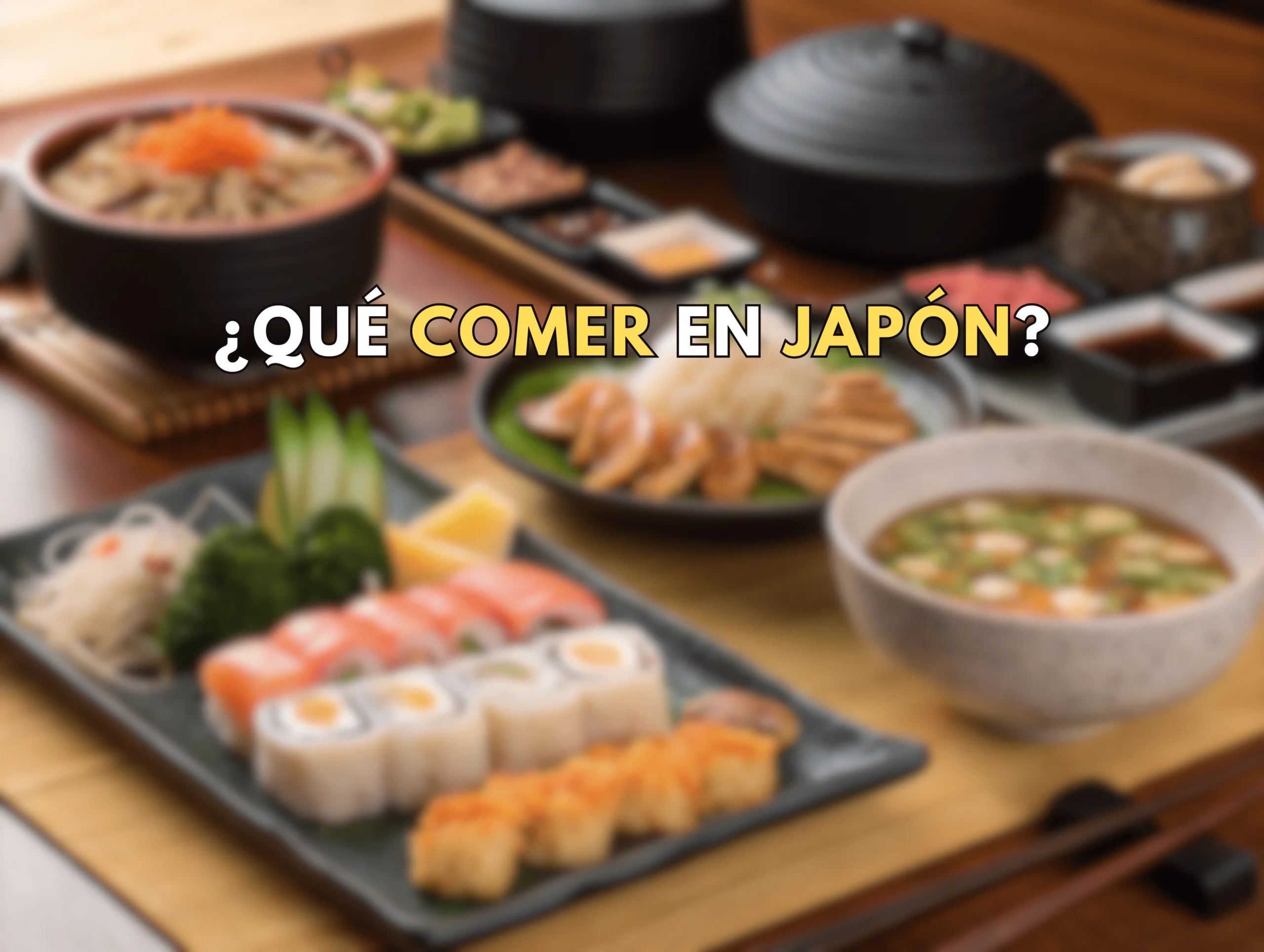 Que Comer en Japón Mesa tradicional japonesa con sushi, tempura y miso, acompañada de utensilios de madera y un ambiente minimalista.