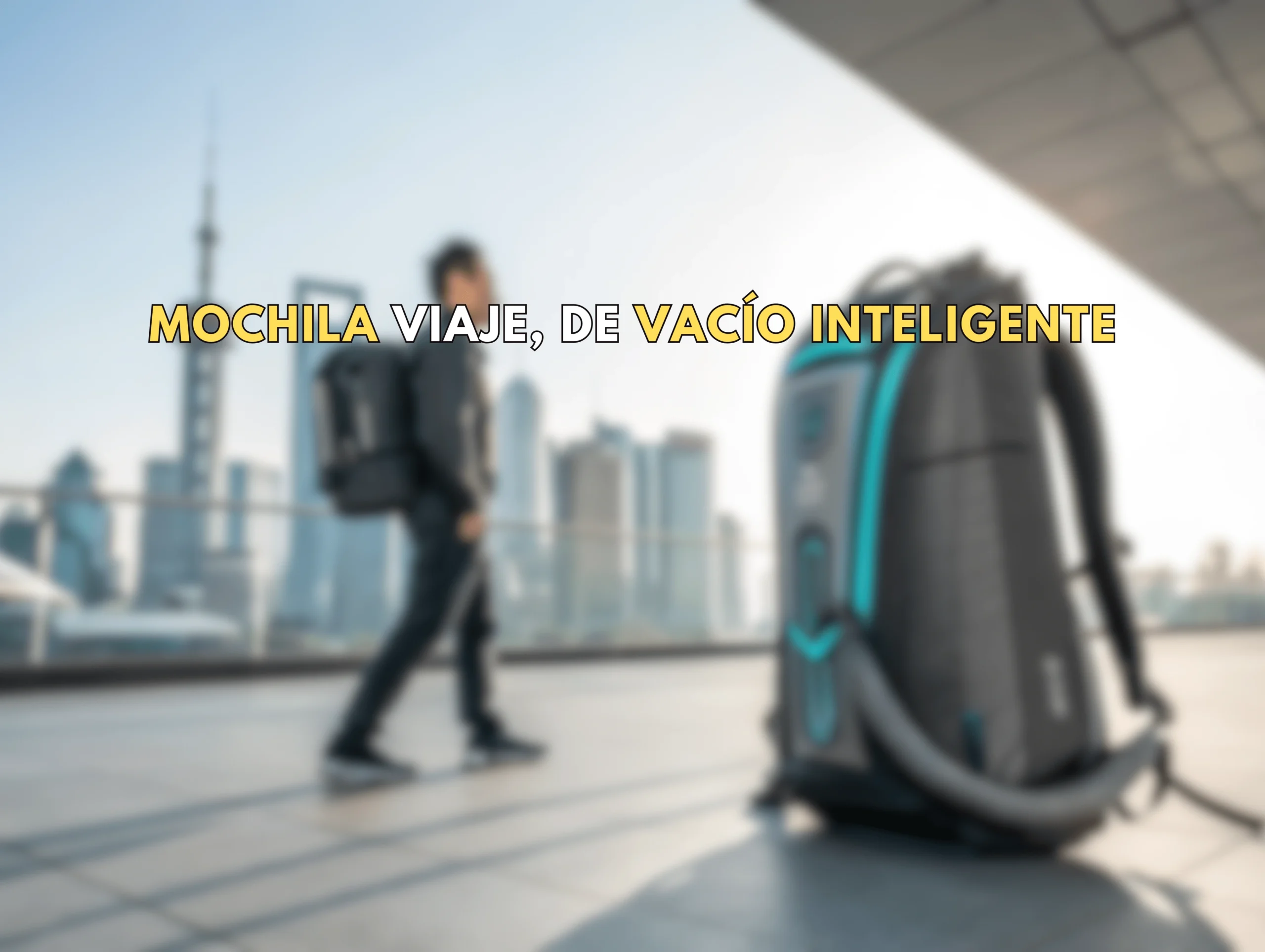 Mochila vacío futurista con sistema de vacío integrada y diseño ergonómico en un entorno urbano moderno.