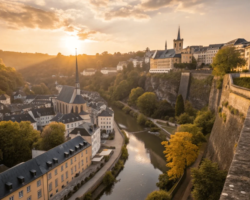 Vista aérea de Luxemburgo al atardecer con el Chemin de la Corniche y el barrio Grund.