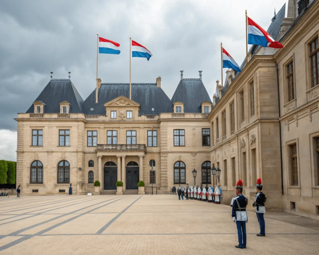 Palacio Ducal de Luxemburgo, joya de europa, con su fachada renacentista y guardias ceremoniales.