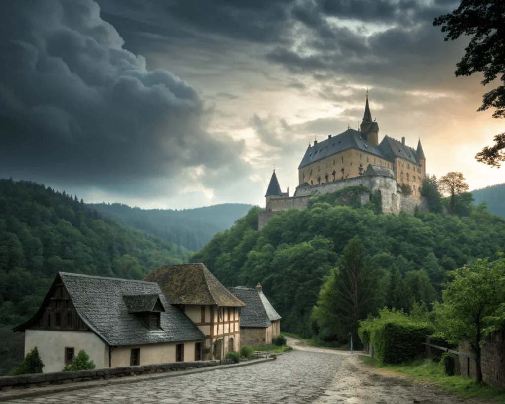 Castillo de Vianden en lo alto de una colina, rodeado de bosques y un pueblo medieval.