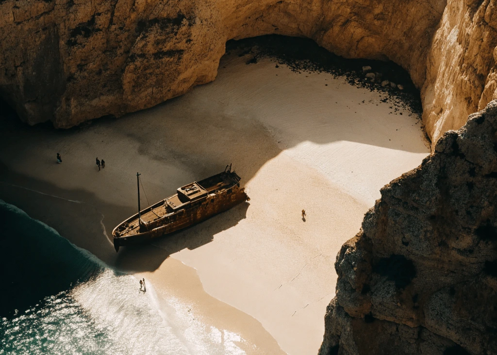 Playa Navagio en Grecia, con un barco naufragado y acantilados imponentes.