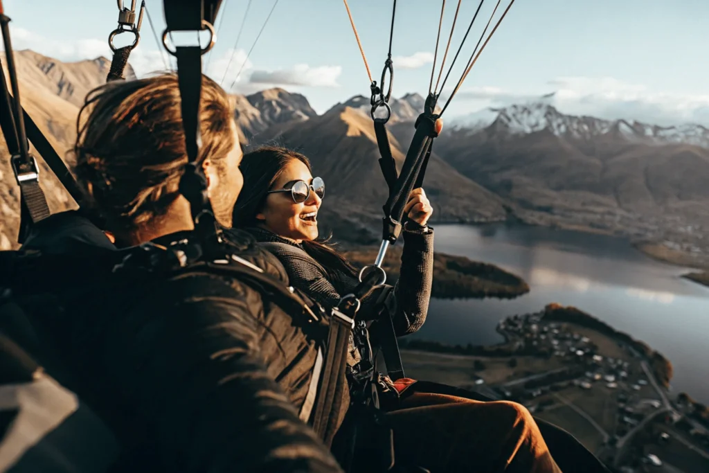 Pareja practicando parapente juntos sobre los impresionantes paisajes montañosos de Queenstown, Nueva Zelanda. Destinos Románticos Viajes Pareja