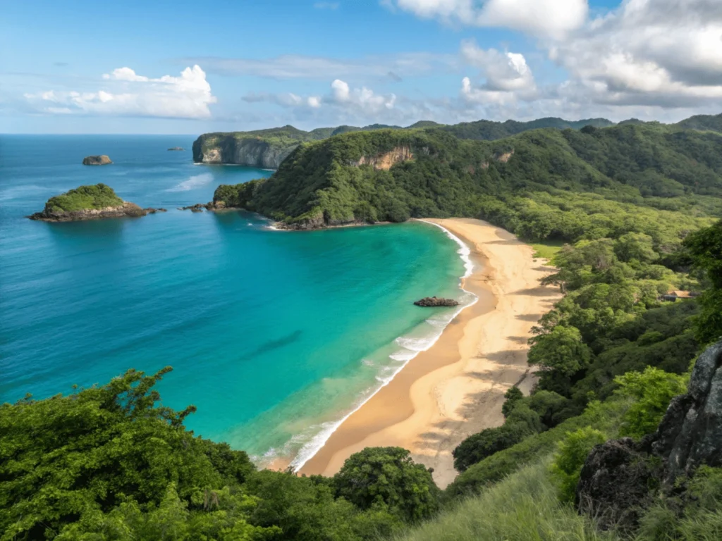 Vista aérea de Baía do Sancho en Brasil. Más bonitas playas del mundo. Con aguas cristalinas, acantilados verdes y una playa de arena dorada rodeada de naturaleza.