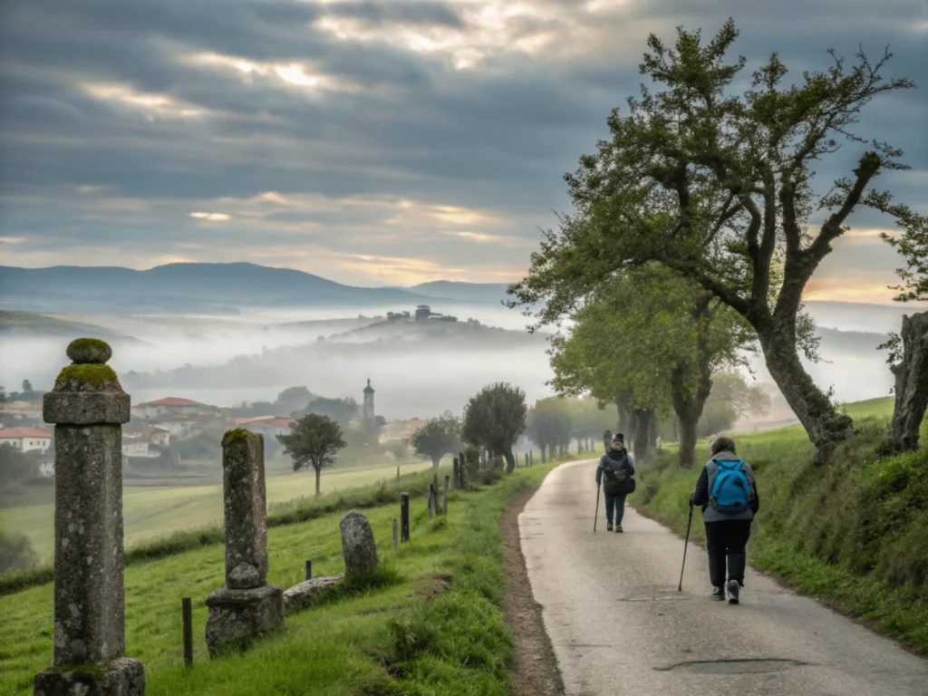 peregrinos caminando por un sendero pintoresco del Camino de Santiago, rodeado de naturaleza