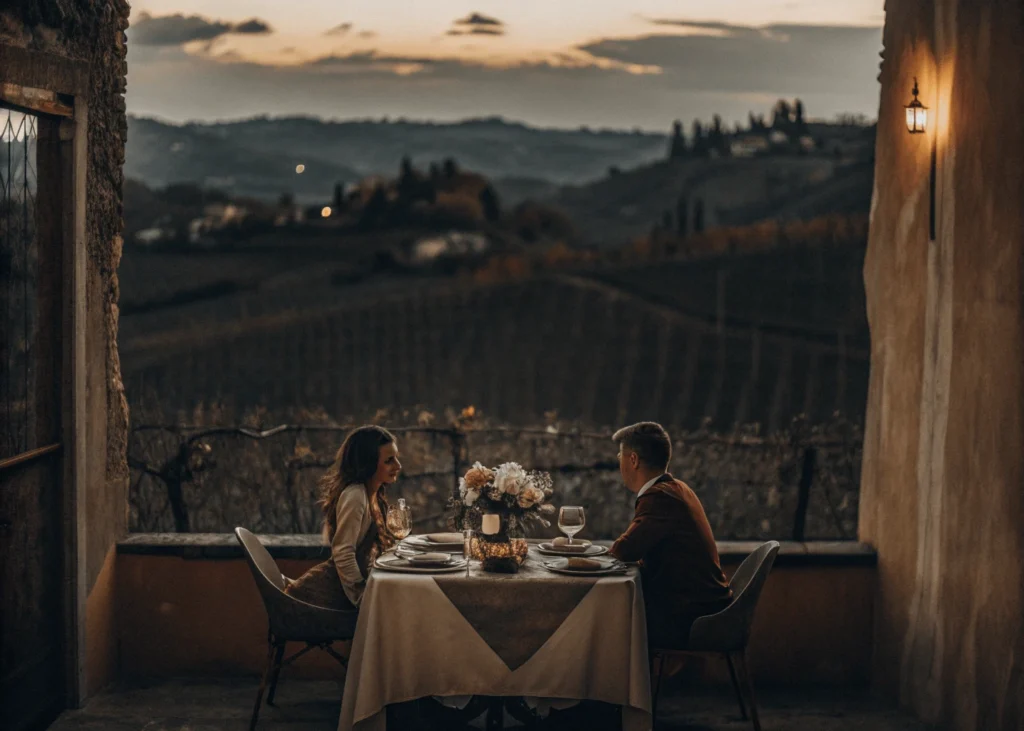 Pareja disfrutando de una cena en un viñedo italiano.