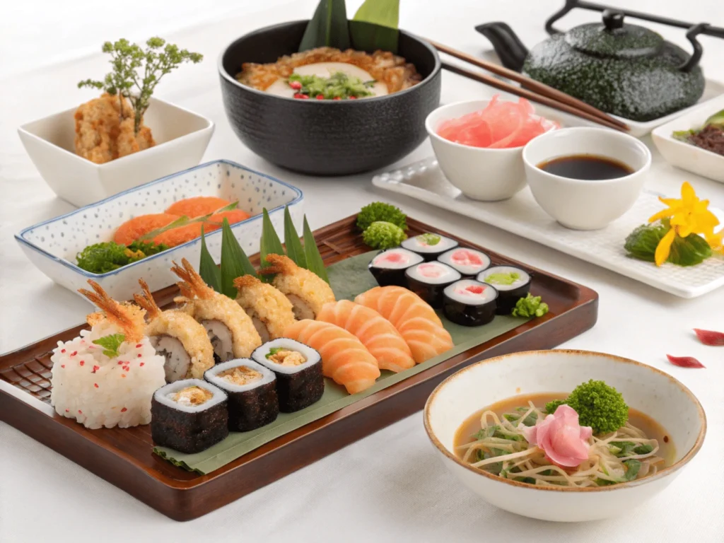 Que Comer en Japón? Platos de cocina japonesa con especialidades icónicas como sushi, ramen y tempura, dispuestos en una mesa tradicional.