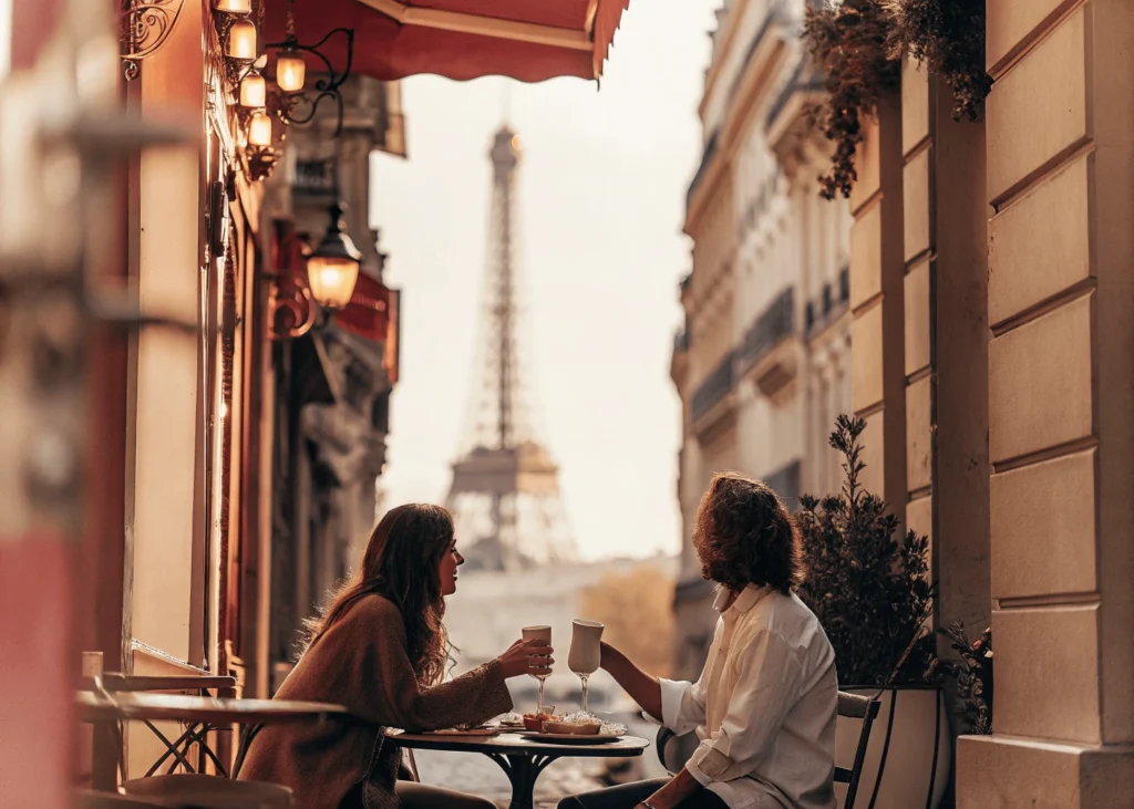 Pareja compartiendo un croissant en un café de París