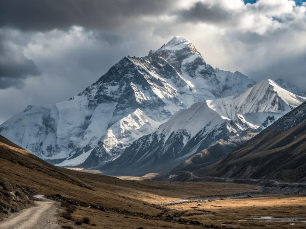 Vista impresionante de Grandes viajes que hacer y  del Monte Everest, con picos nevados bajo un cielo claro y azul.