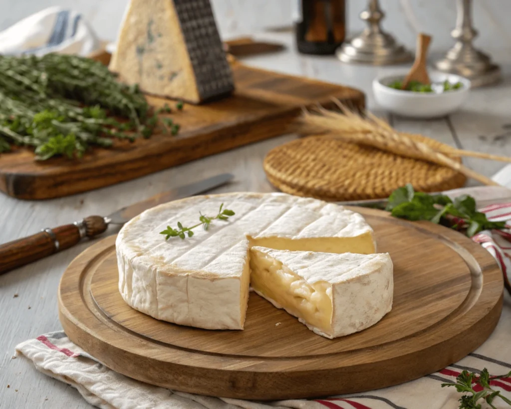 Una variedad de quesos franceses expuestos en un mercado de París, representando la riqueza gastronómica de la ciudad.