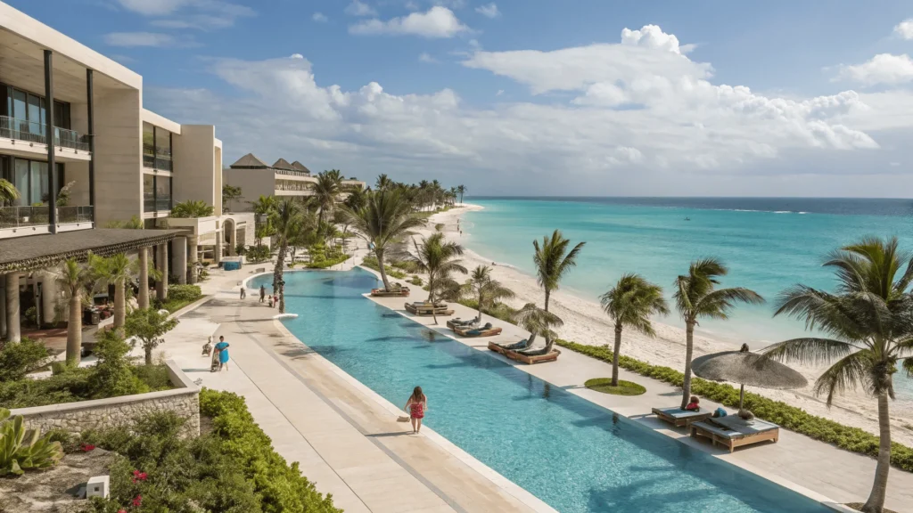 Vista del Grand Hyatt Playa del Carmen Resort, con piscinas infinitas, playa privada y áreas familiares en un entorno tropical. Top hoteles Playa del Carmen