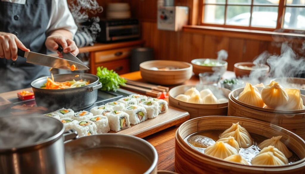 Mesa tradicional japonesa con sushi, ramen, y otras especialidades típicas de Japón