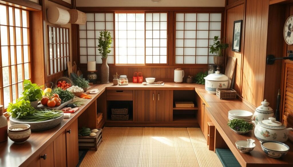 Un plato típico japonés con sushi, ramen y té verde, representando la diversidad culinaria de Japón.