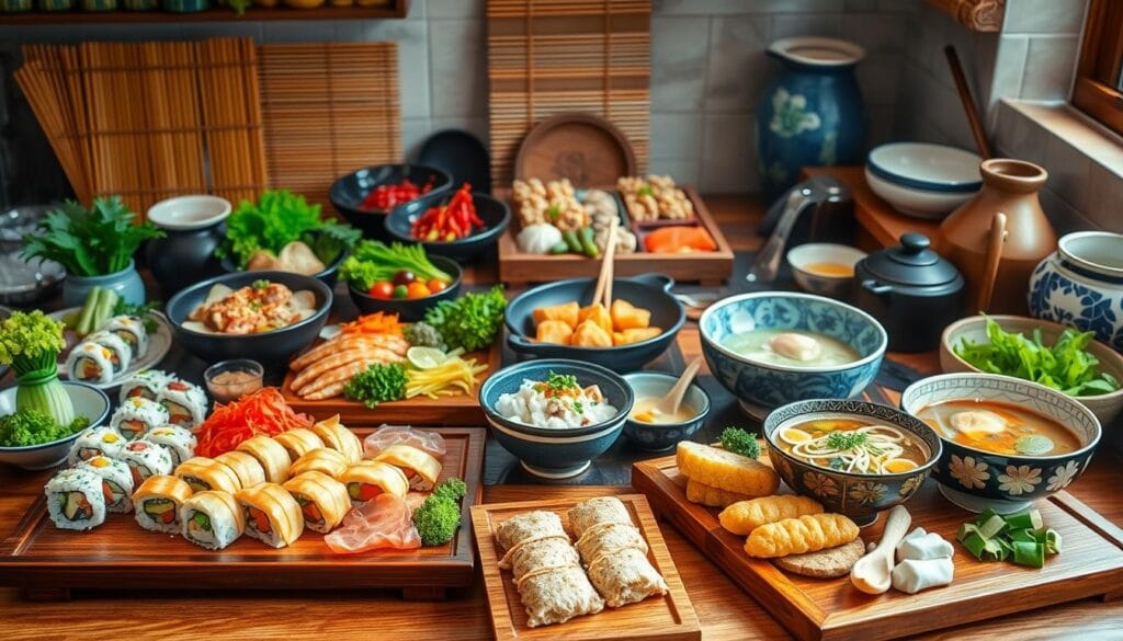 Que Comer en Japón. Un conjunto de platos japoneses tradicionales incluyendo sushi, sashimi, y una sopa de miso humeante.