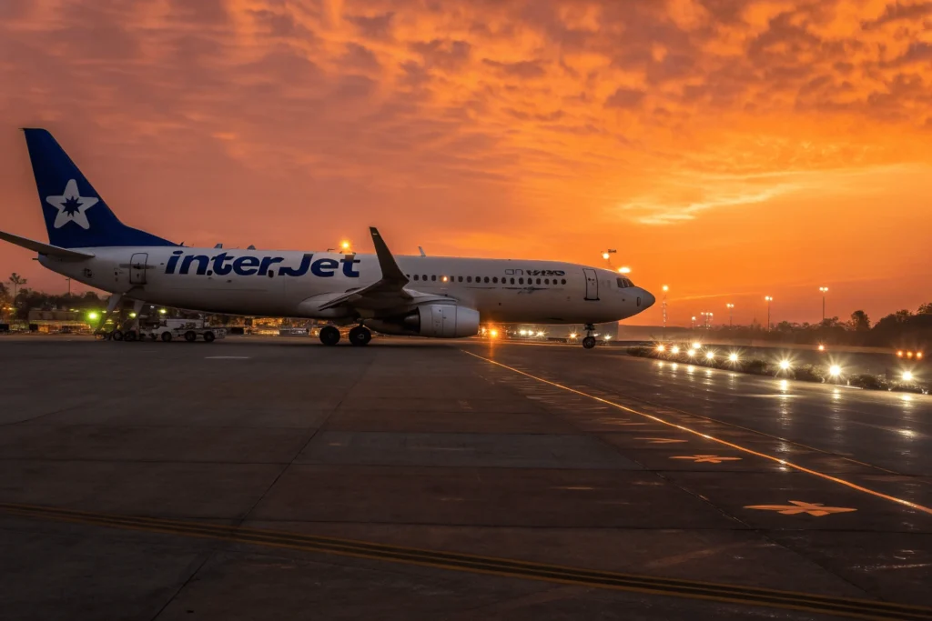 Top 5 Aerolíneas Mexicanas. Avión de Interjet estacionado en una pista al atardecer en un aeropuerto mexicano.