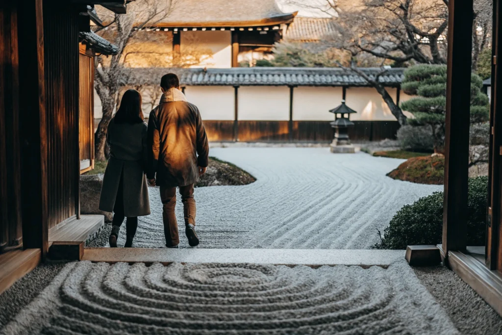 Pareja caminando juntos por un sereno jardín zen en Kioto, Japón, cerca de un antiguo templo. Destinos Románticos Viajes Pareja