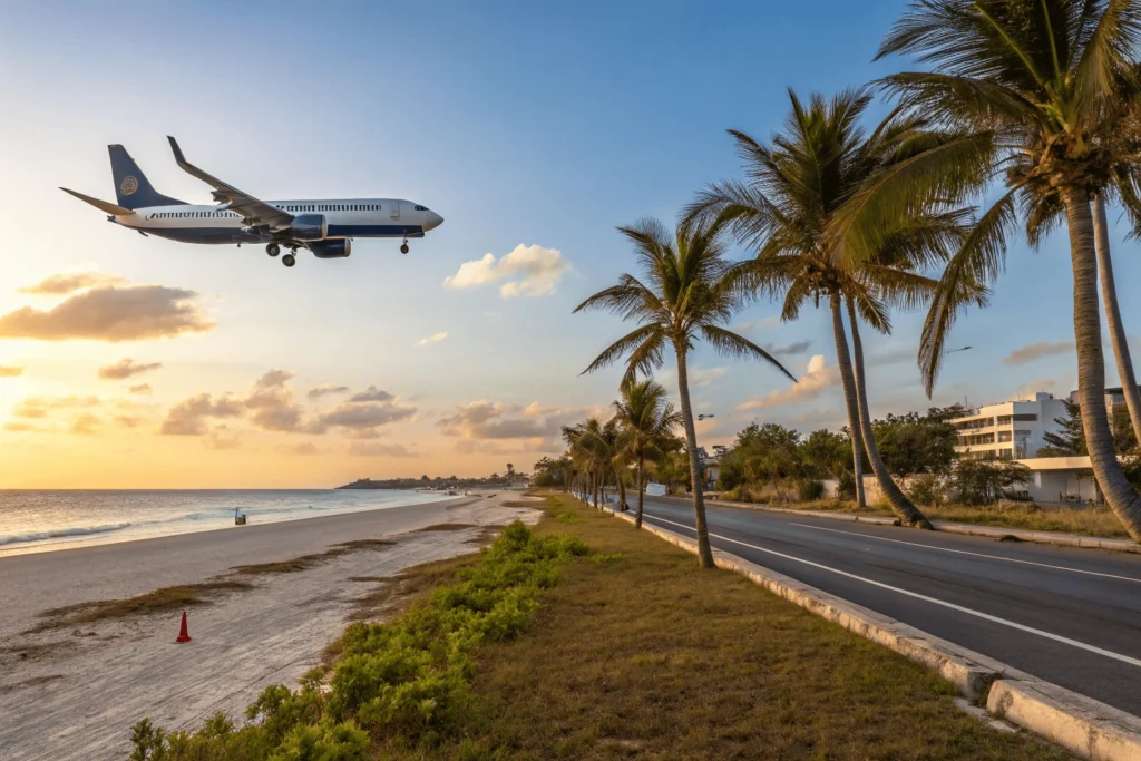 Top 5 Aerolíneas Mexicanas. Avión Boeing 737 de Magnicharters aterrizando cerca de una playa mexicana al atardecer.