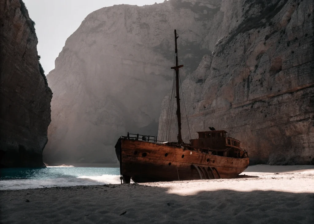 Playa Navagio en Grecia, con un barco naufragado y acantilados imponentes. Top Playas del mundo.