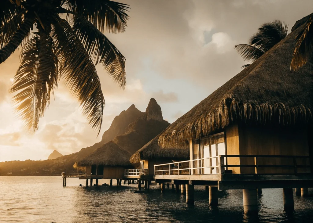 Bungalows sobre el agua en Bora Bora, con montañas y aguas turquesas de fondo. Top Playas del mundo