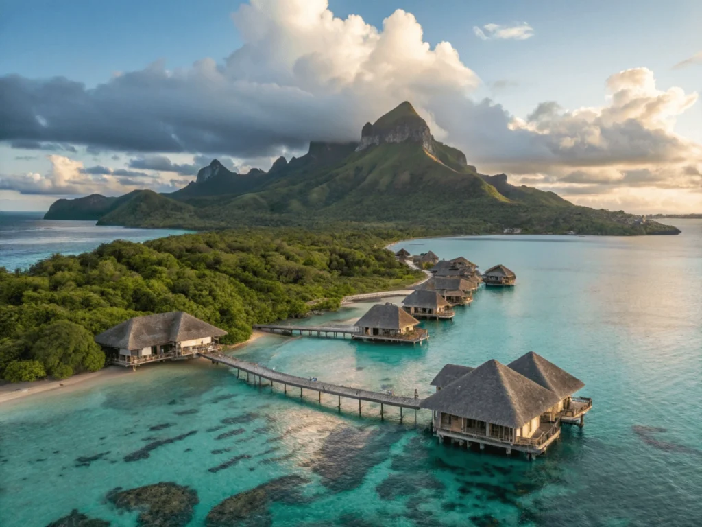 Vista panorámica de bungalós flotantes sobre aguas turquesas en Bora Bora, rodeados de montañas y un cielo despejado.