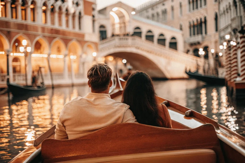 Destino Viaje Pareja disfrutando de un paseo en góndola por los canales de Venecia al atardecer.