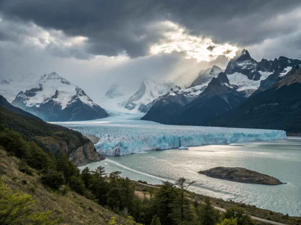 Impresionante Grandes viajes que hacer y paisaje de la Patagonia con montañas cubiertas de nieve, lagos cristalinos y un cielo despejado.