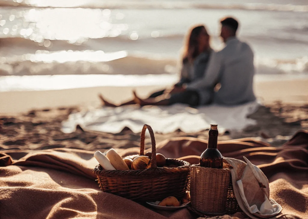 Picnic romántico en la playa con comida fresca y vistas al mar.