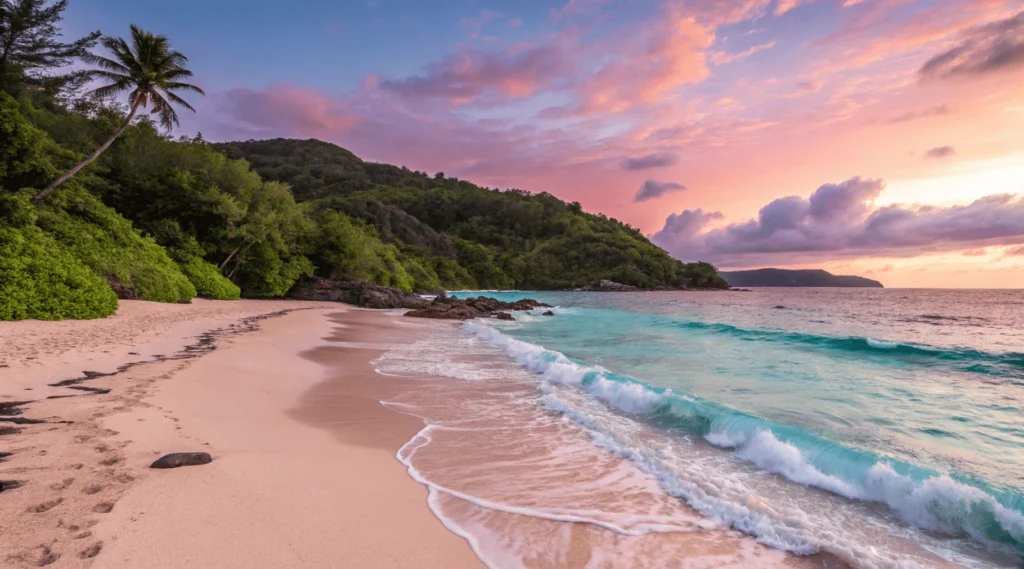 Playa de arena rosada en Bahamas al amanecer.