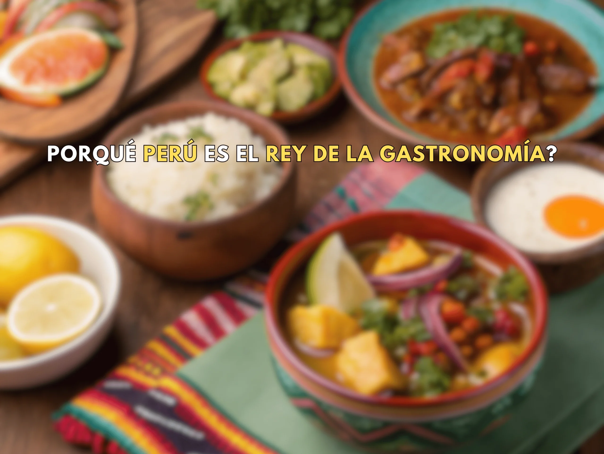 Una mesa llena de platillos icónicos peruanos como ceviche, ají de gallina y lomo saltado, decorada con textiles tradicionales y hierbas frescas. comida y platillos peruanos.