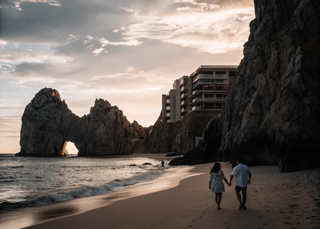 Playa de los Amantes en México, con el arco de Cabo San Lucas al atardecer.