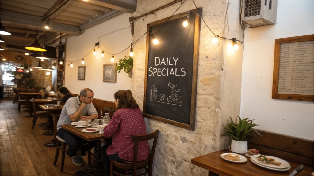 Menú del día del restaurante con precios rebajados y platos tradicionales.