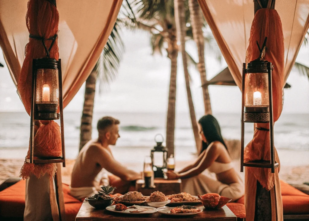 Cena romántica en la playa con platos tailandeses. Mejor comida en viaje en parejo