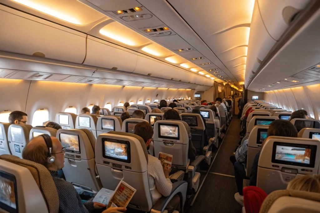 Interior de un avión moderno con asientos cómodos y pantallas encendidas. 