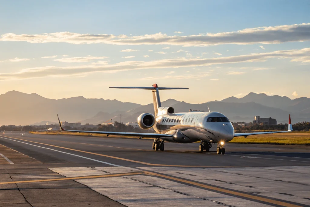 Top 5 Aerolíneas Mexicanas.Avión de TAR Aerolíneas en un aeropuerto regional al amanecer.