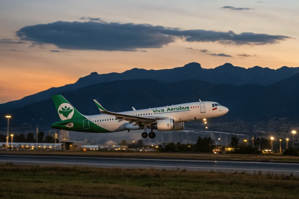 Top 5 Aerolíneas Mexicanas. Avión Airbus de Viva Aerobus despegando al atardecer. Top 5 