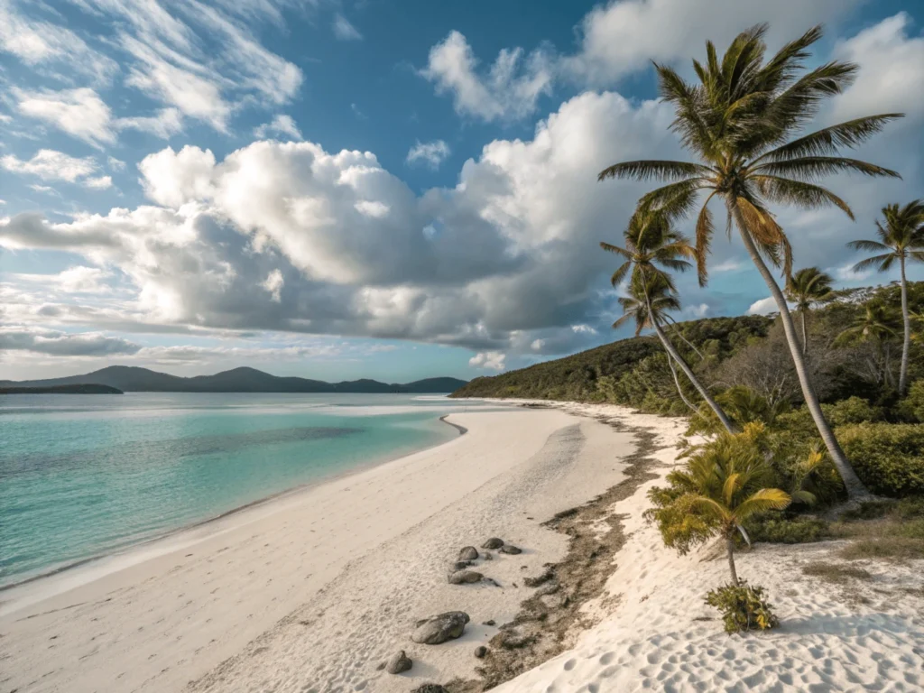 Vista aérea de Whitehaven Beach, Australia, con arenas blancas y aguas turquesas que serpentean a través de las islas Whitsunday.