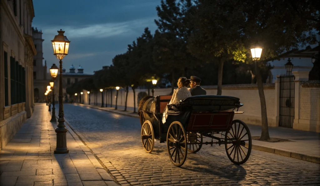 Carruaje en Sevilla iluminado por faroles mientras una pareja comparte risas dentro.